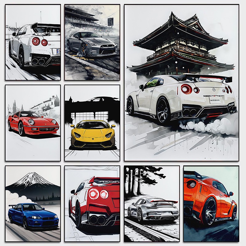 Japanese Car Lifestyle - Supercar-Wandkunst-Poster im japanischen Stil, moderner Automotive-Skyline-Druck,