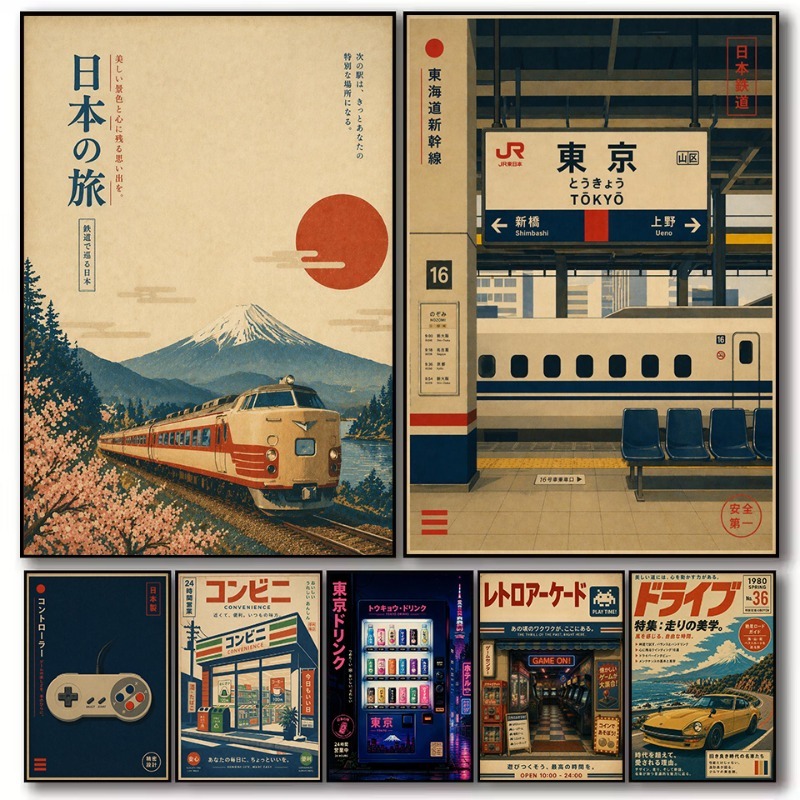 Japanese Car Lifestyle - Vintage Japanisches Traditionelles Spielhallen-Poster mit Bahnhofsmotiv