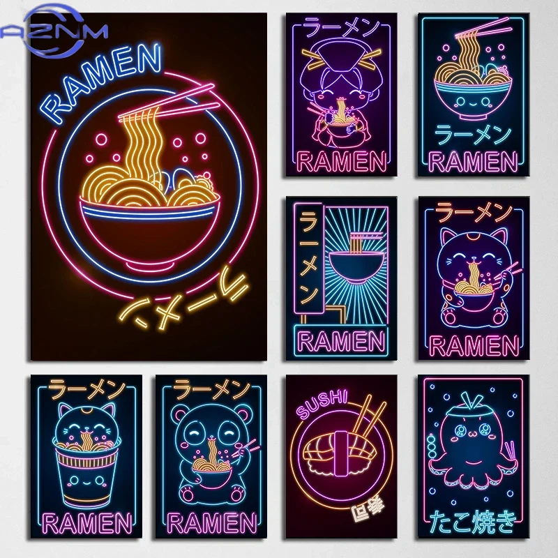 Japanese Culture Lifestyle - AZNM Japanische Wellen-Ramen-Sushi-Katzen-Poster, Neon-Design-Leinwandgemälde, japanische Kultur-Wandkunst,