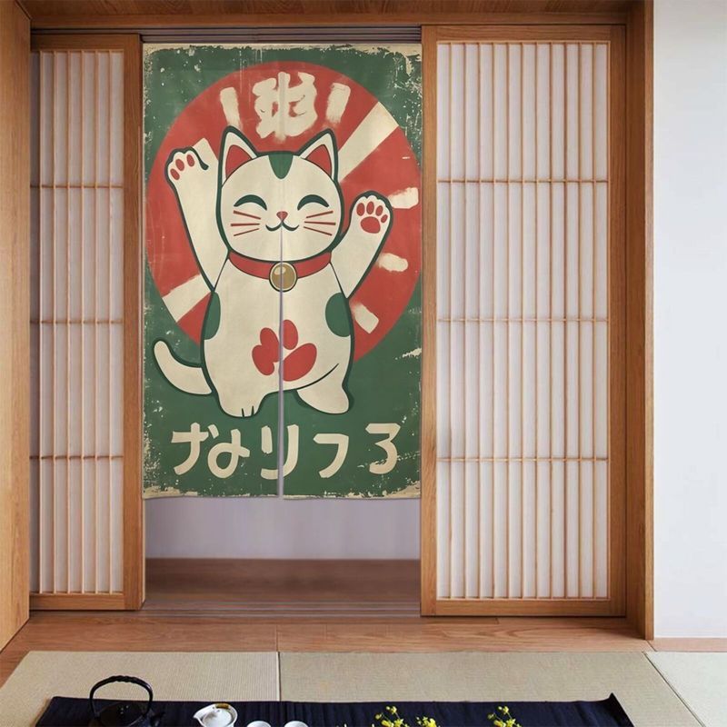 Noren Curtain Doorway - VIKAMA Retro Grüner Maneki Neko Türvorhang